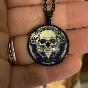 Skull Pendant Necklace Halloween Black Chain Gothic Day of the Dead 18in Chain